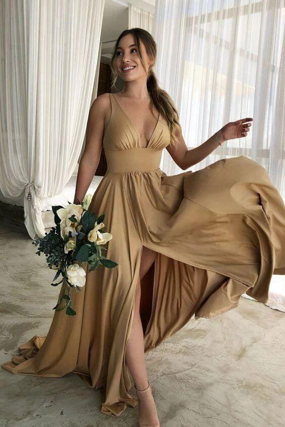 Sexy Plunging Neck Satin Chiffon Long Evening Bridesmaid Dress with Sp cherishgirls Sexy Plunging Neck Satin Chiffon Long Evening Bridesmaid Dress with Sp cherishgirls