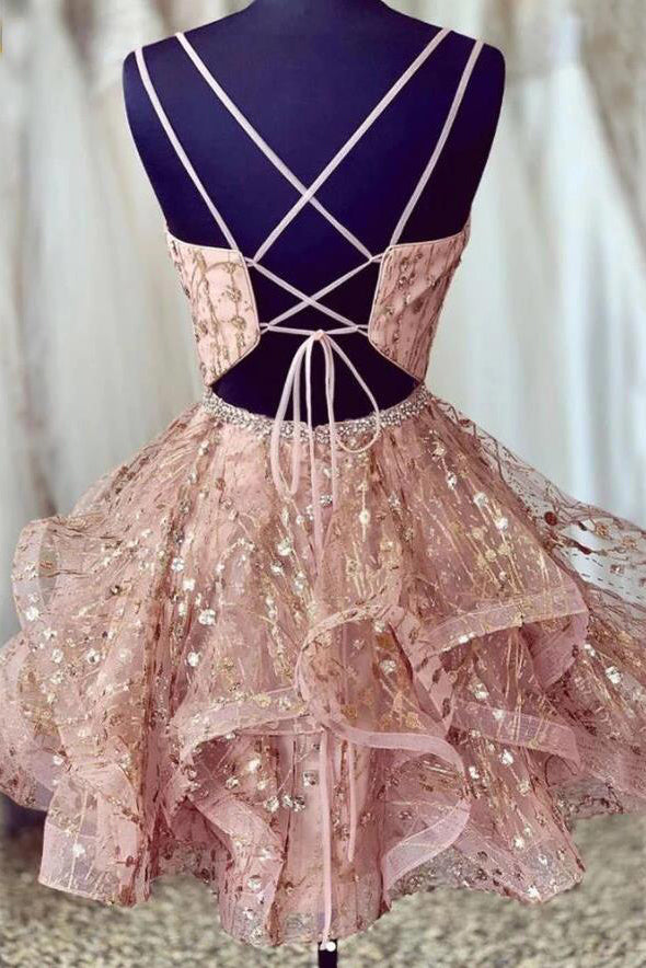 Unique Sparkly V Neck Mini Homecoming Dresses, Puffy Short Prom Dress cherishgirls Unique Sparkly V Neck Mini Homecoming Dresses, Puffy Short Prom Dress cherishgirls
