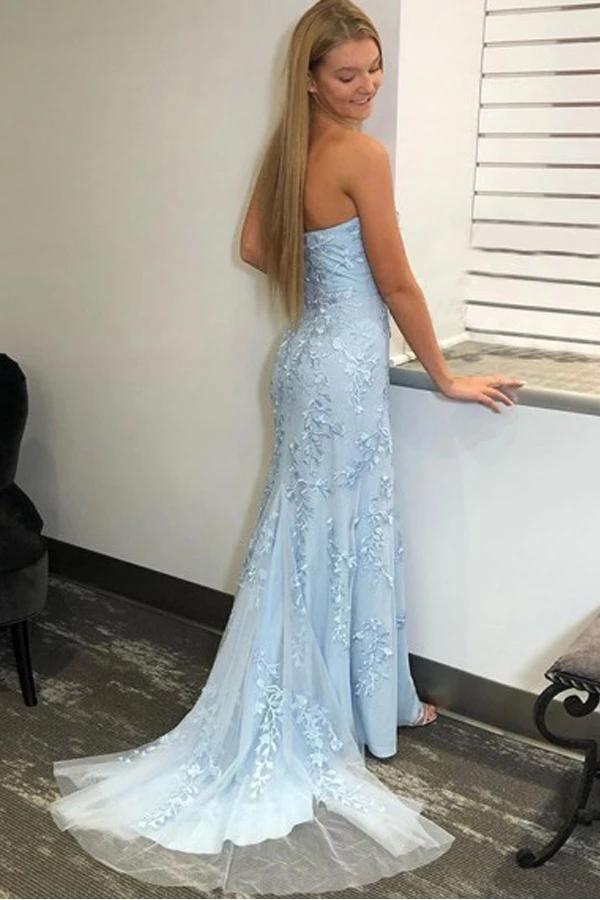 Light Sky Blue Mermaid Strapless Split Prom/Formal Dress With Lace App cherishgirls Light Sky Blue Mermaid Strapless Split Prom/Formal Dress With Lace App cherishgirls