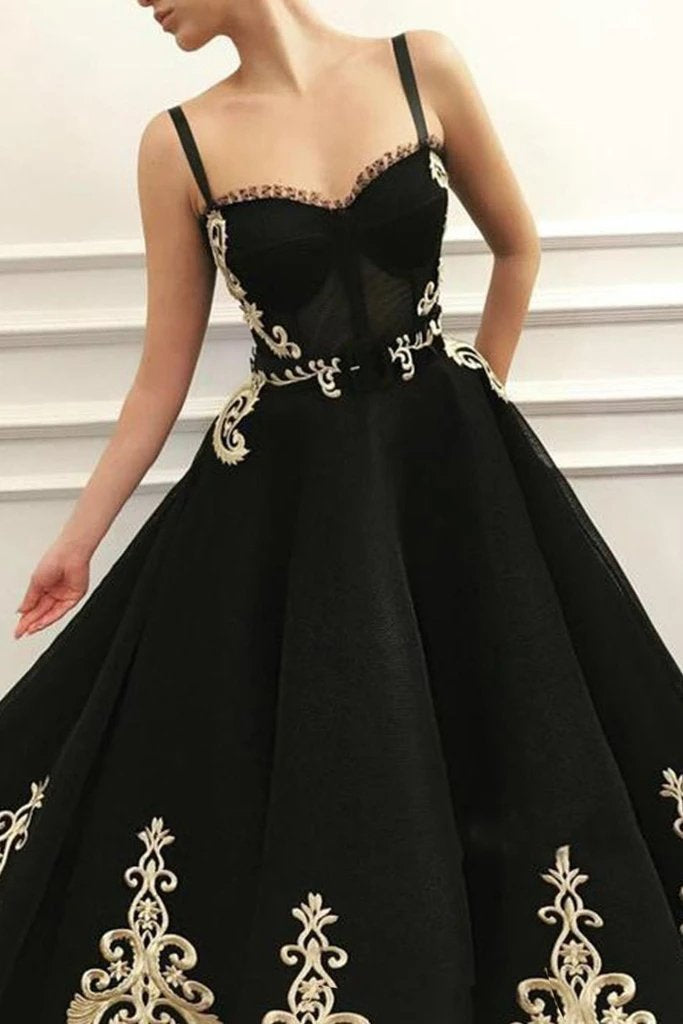 Modest Spapghetti Straps Long Black Prom Dresses With Appliques chp0018