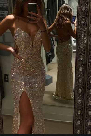 2022 Mermaid Spaghetti Straps Sequin Long Prom Dress With Side Slit ,Formal Gown CHP0075