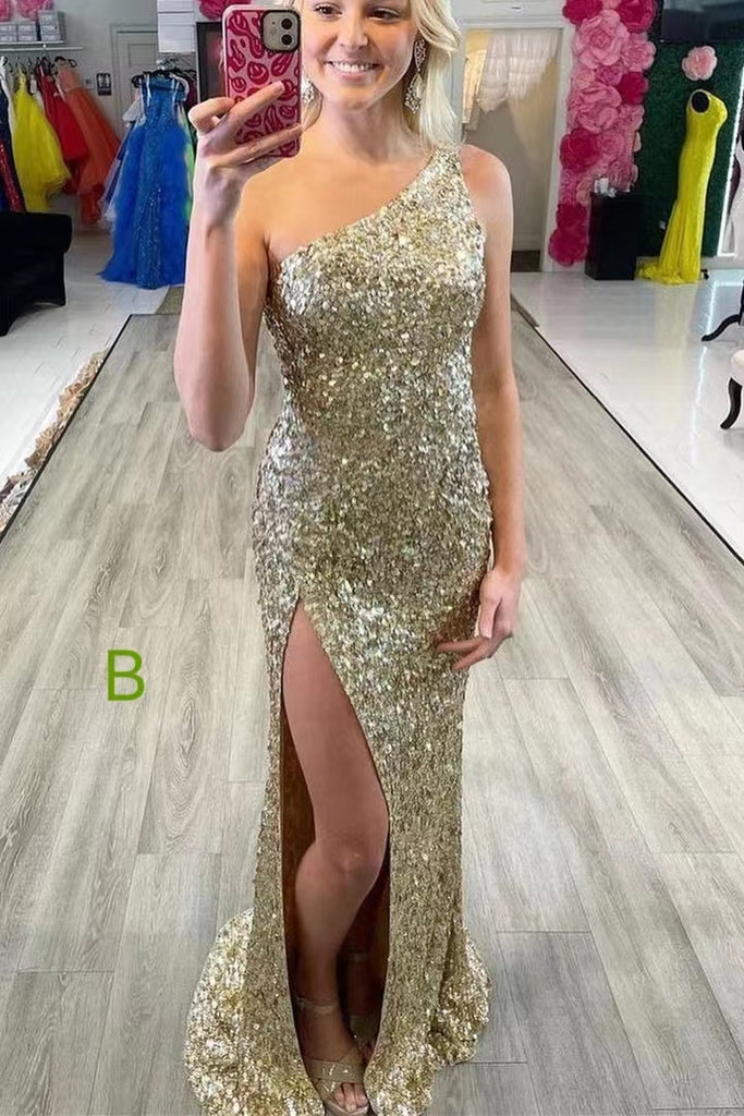 Glitters One Shoulder Sequins Mermaid Prom Dresses, Beautiful Evening Gown With Silt CHP0098