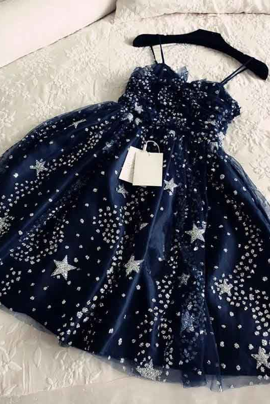 Spaghetti Straps Navy Blue Tulle Sweetheart Homecoming Dresses,Short Prom Dress chh0144