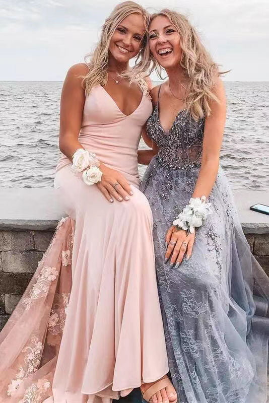 Pink Satin Mermaid Long Prom Dress With Applique, Formal Dress CHP0205