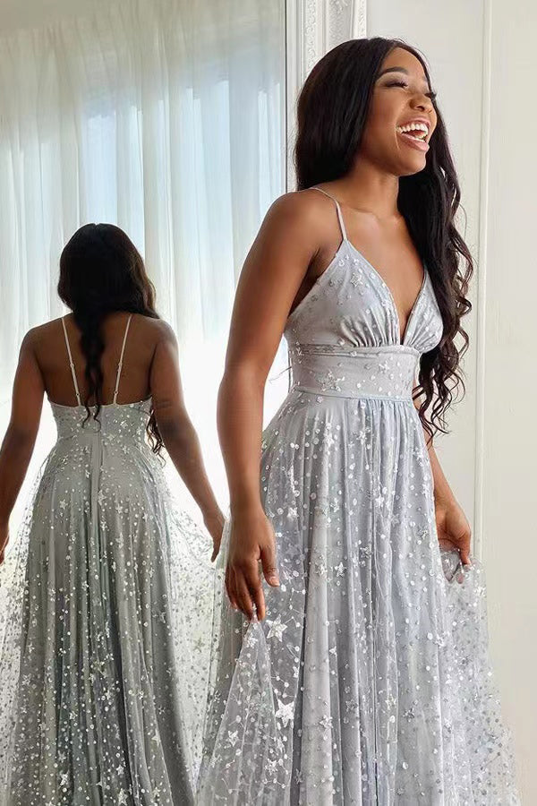 Silver Tulle Spaghetti Straps V-neck Long Prom Dress With Slit,,Evening Gown CHP0157