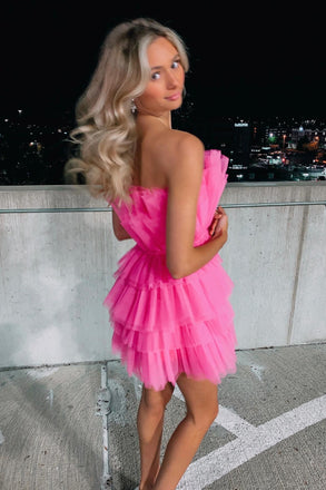 Hot Pink Strapless Tiered Homecoming Dress With Layers, Party Gown chh0083