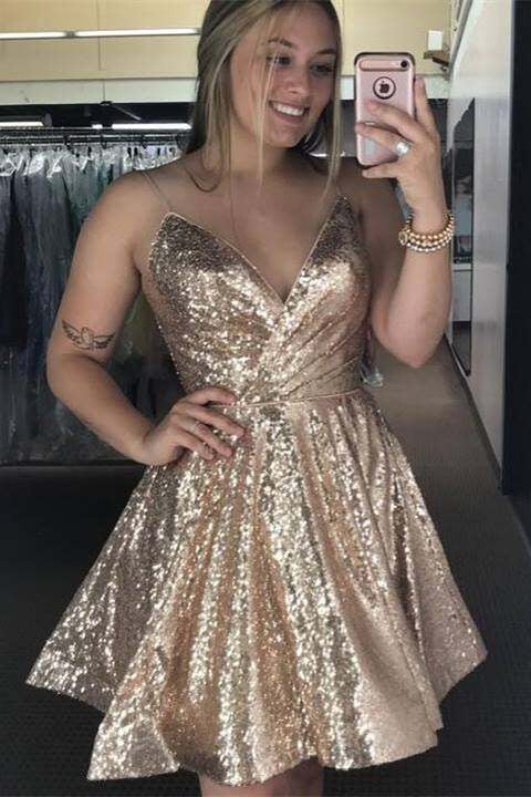 Champagne Sequins A-line Short Homecoming Dress,Mini Prom Dress, Graduation Dresses chh0077