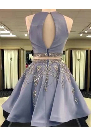 A Line 2 Pieces Beaded Satin Short Homecoming Dresses, Scoop Party Gown chh0082