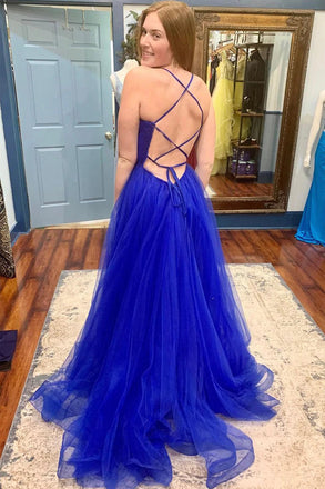 Blue Tulle Long Prom Dress with High Slit,Backless Blue Formal Graduation Evening Dress CHP0148
