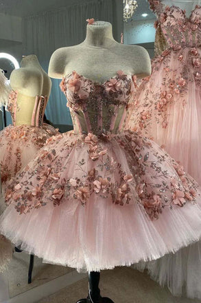 Princess Sweetheart Homecoming Dresses with Sequin 3d Flowers, Pink Sweet 16 Dresses chh0113