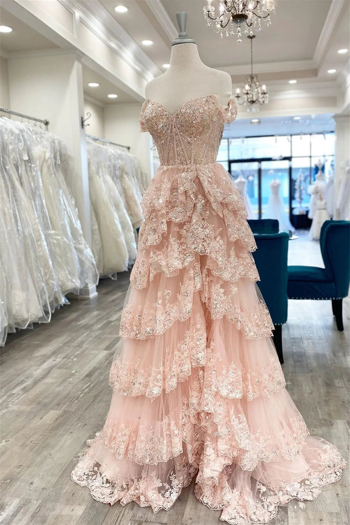 Shiny Off The Shoulder Long Prom Dress With Layers ,Formal Gown With Sequins Lace CHP0226