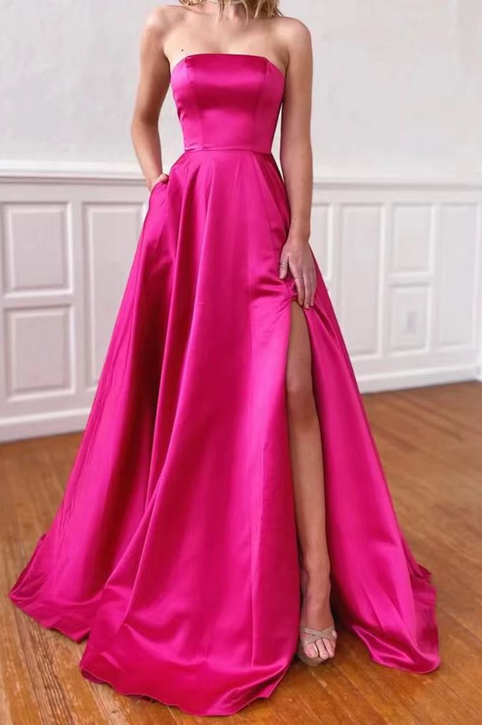 Hot Pink Satin Strapless Prom Dresses, Long Formal Evening DressesCHP0171