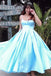 Simple Blue Satin Tea-Length Homecoming Dressess,Spaghetti Straps Short Formal Gown chh0097