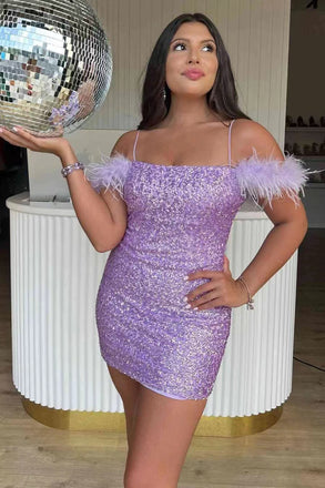 Gorgeous Sequins Bodycon Mini Homecoming Dress With Feather, Spaghetti Straps Short Party Dress chh0121