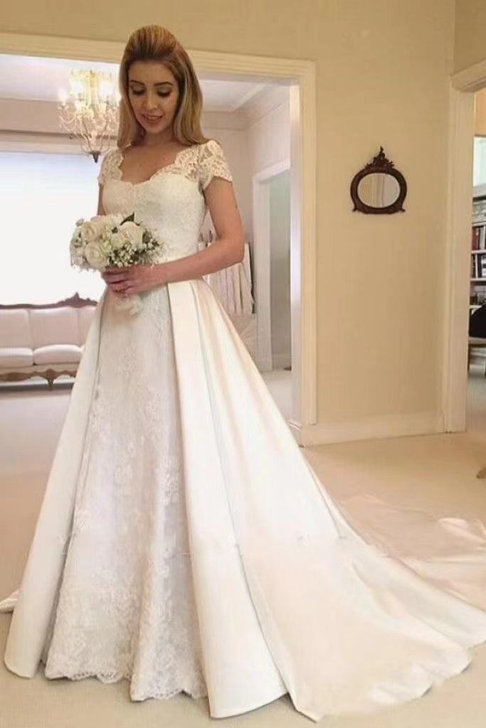 Simple A-Line Short Sleeves Beach Wedding Dresses With Brush Train, Bridal Gown CHW0152