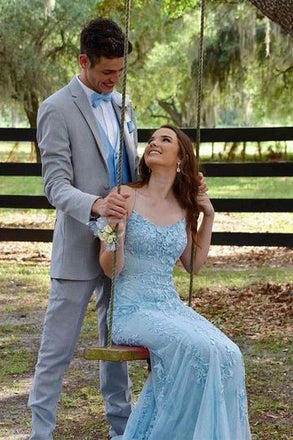 Light Blue Mermaid Lace Spaghetti Straps Prom Dresses With Appliques CHP0144