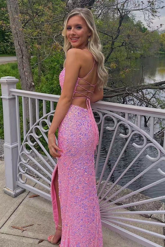 Glitter Pink Mermaid Sequins Spaghetti Straps Formal Dresses, Long Pro ...