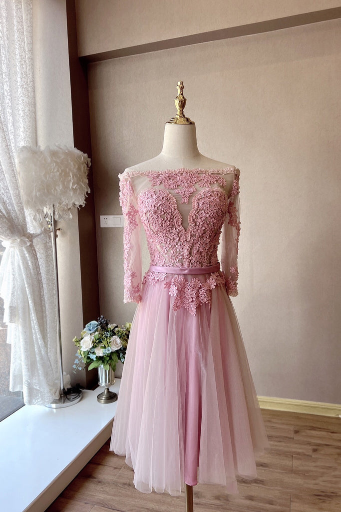 Pink Tulle Off-the-Shoulder Short Prom Dress,Pink Lace Homecoming Dresses chh0103