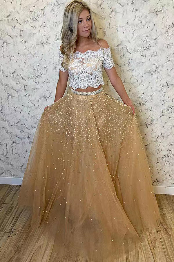 Two Piece Lace Tulle Prom Dresses With Beaded,Off-the-Shoulder Evening Gown CHP0156