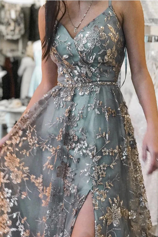 A line V-Neck Gray Tulle Long Prom Dress With Lace,Spaghetti Straps Evening Gown CHP0116