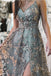 A line V-Neck Gray Tulle Long Prom Dress With Lace,Spaghetti Straps Evening Gown CHP0116