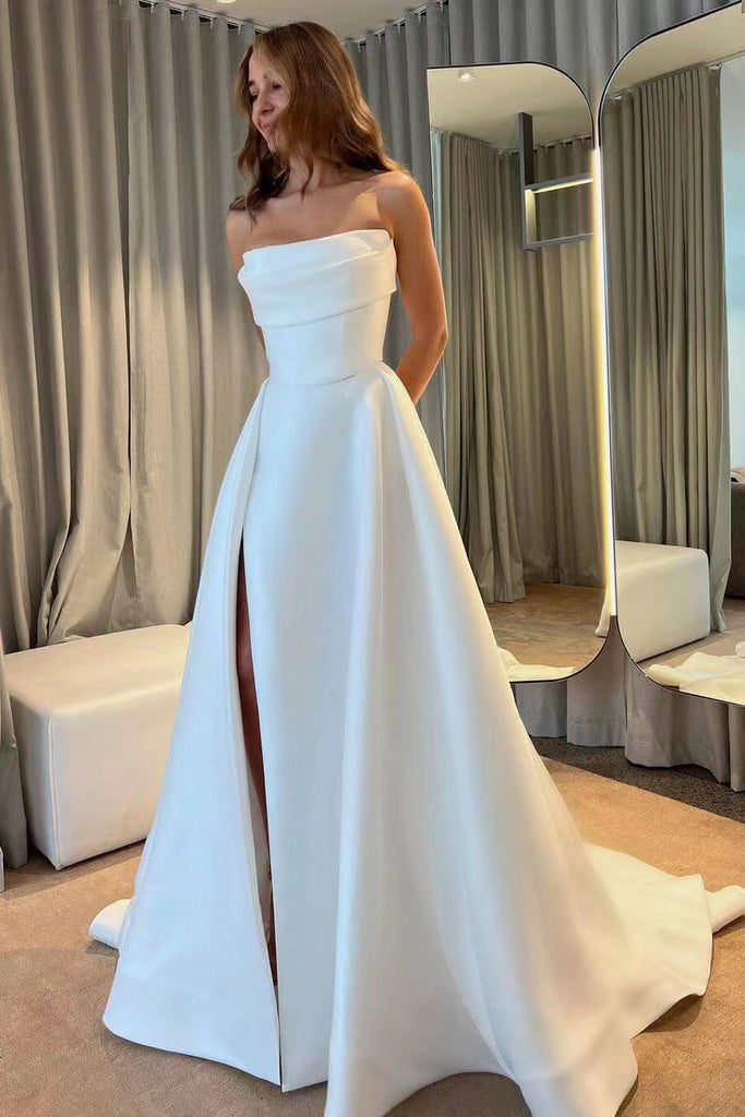 Simple White Satin Beach Wedding Dresses, Ivory Bridal Gowns With Slit CHW0132