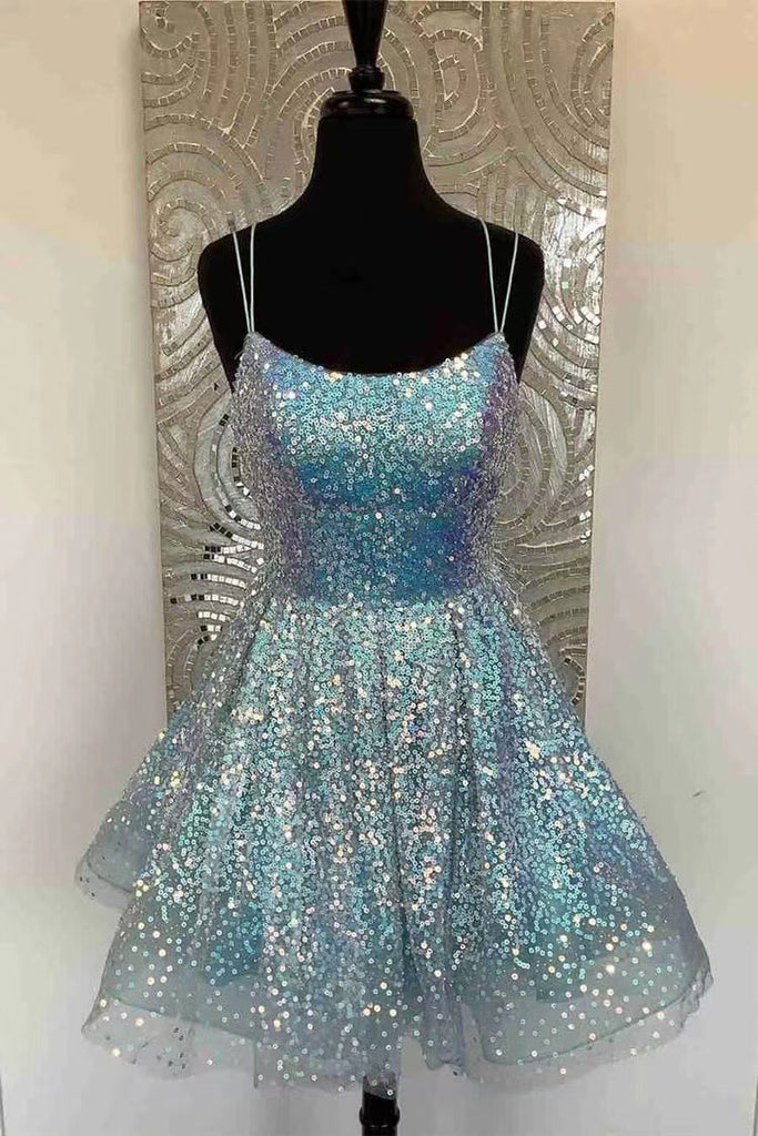 Sparkly A-line Light Blue Sequins Short Party Dress,Mini Prom Dress, Graduation Dresses chh0076