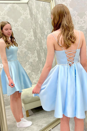 Blue Satin Lace Up Beads Belt Short Prom Dress, Homecoming Dress chh0116