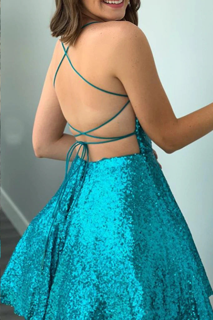 Spaghetti Straps Blue Sequins Short Homecoming Dress,Mini Dress chh0064