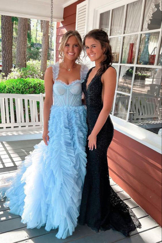 Light Sky Blue Tulle Princess Ruffle Straps With Tiered Long Prom Dress CHP0169