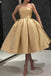 Strapless Midi Prom Homecoming Dress,Gold Cocktail Party Dress,Graduation Dress chh0079
