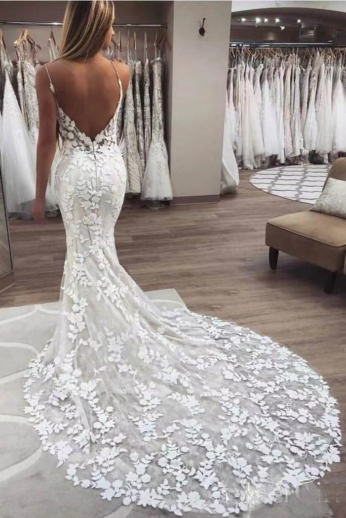 Elegant White Beach Lace Wedding Dresses, Mermaid V Neck Backless Bridal Gown CHW0150 CHW0150