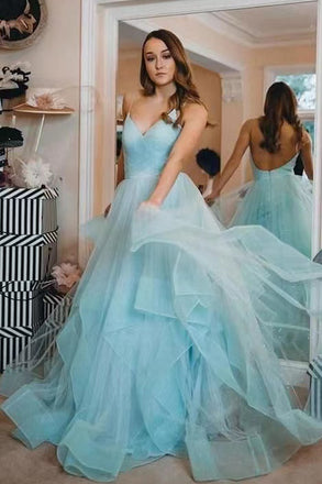 Princess Tiffany Blue Tulle Spaghetti Straps V Neck Prom Dresses, Long Party Gown CHP0179