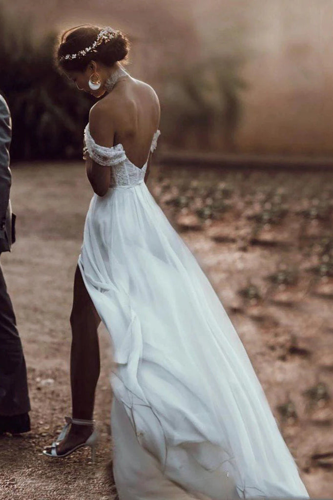 A Line Off-the-Shoulder Ivory Lace Bridal Dress With Slit, Wedding Dre cherishgirls A Line Off-the-Shoulder Ivory Lace Bridal Dress With Slit, Wedding Dre cherishgirls