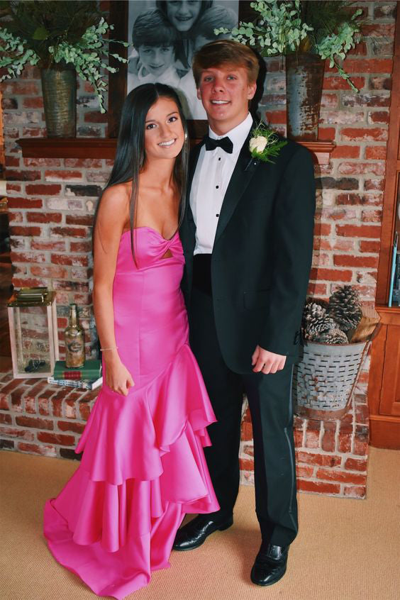 Gorgeous Hot Pink Satin Mermaid Long Prom Dress With Tiered, Formal Gown CHP0168