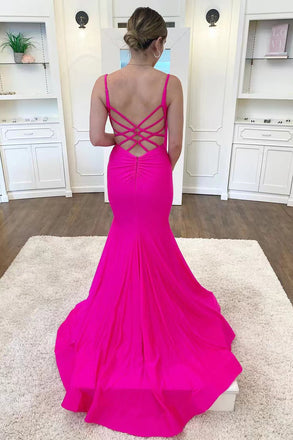 Hot Pink Satin V-Neck Backless Mermaid Prom Dress,Formal Evening Gown CHP0159