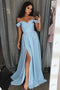 Blue Satin A Line Off-the-Shoulder Prom Dresses with Slit,,Long Evening Dress CHP0146