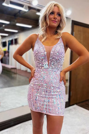 Glittery Sequins Deep V Neck Bodycon Homecoming Dresses,Short Prom Dress chh0143