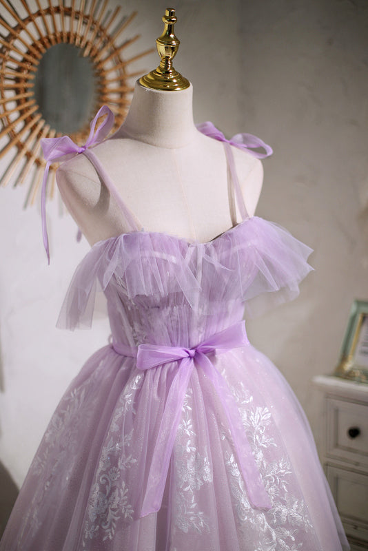 Cute Light Purple Tulle Homecoming Dress with Bowknot, Prom Gown CHH0074