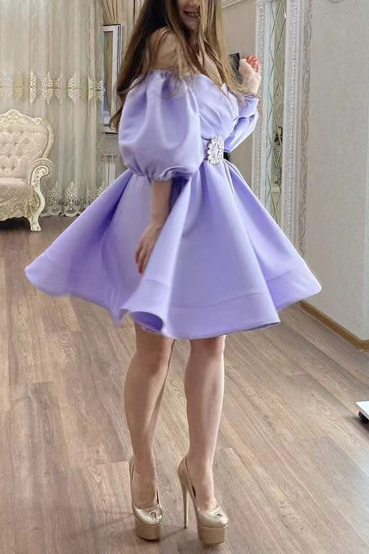 Purple Satin Off-the-Shoulder Short Homecoming Dresses,Short Prom Gowns With Belt chh0088