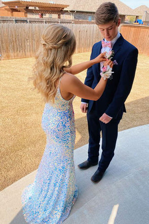 Sparkly White Sequins V-Neck Mermaid Long Prom Dress,Party Gown CHP0151