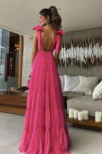 New Hot Pink Backless Long Prom Dress, V Neck Formal Gown CHP0228