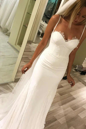 Sheath Sweetheart Spaghetti Straps Sleeveless Beach Wedding Dresses, Lace Bridal Gown CHW0124