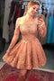 Off-the-Shoulder Pink Lace Applique Short Prom Dress,Long Sleeves Homecoming Dress chh0089