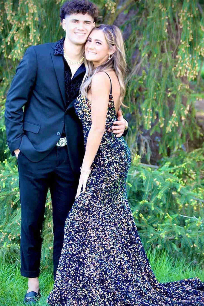 Glitter Black Sequined Mermaid Prom Dress,Sparkly V-neck Party Gown CHP0139