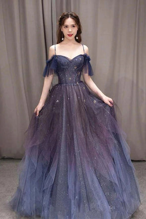 Gorgeous A-Line Tulle Long Prom Dress, Shiny Spaghetti Straps Formal Gown CHP0123
