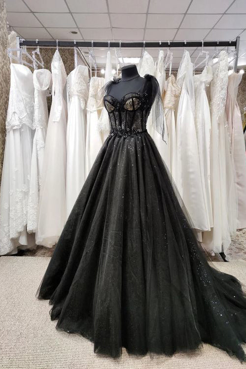 Black Tulle Long Prom Dress With Beaded Lace Appliques, Formal Evening Dress CHP0202