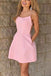 A-line Cross Back Satin Homecoming Dresses, Short Satin Pink Prom Dress, Short Sweet 16 Dresses chh0111