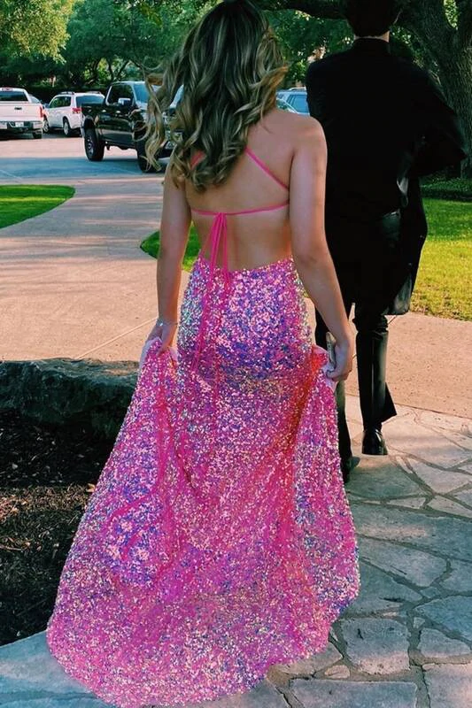 Sparkly Hot Pink Sequined V-Neck Mermaid Formal Dresses, Long Prom Dress with Sequins CHP0117