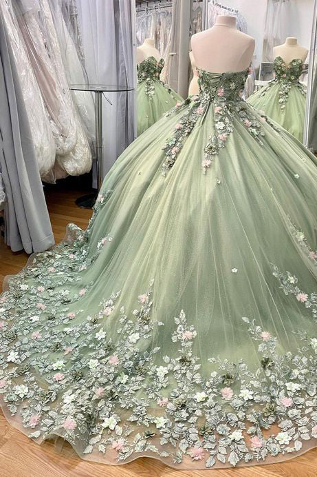 Sweetheart Green Ball Gown Tulle Long Prom Dress With Applique, Quinceañera Dress  CHP0224